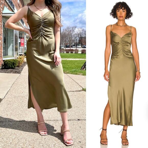 ASTR the Label Valinda Olive Green V Neck Ruched Slip Dress Medium - Picture 3 of 8